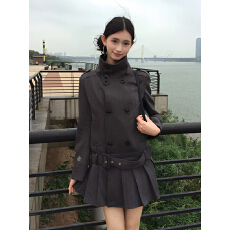 批发学院风立领双排扣连衣裙女秋季时尚收腰百褶A字短裙显瘦气质上衣