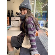 韩系复古紫灰条纹连帽毛衣针织衫女秋冬2025新款修身显瘦套头上衣