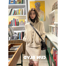 批发秋<b class='q'>冬</b>新款韩版复古羊毛高领针织开衫半裙两件套休闲气质包臀裙套装