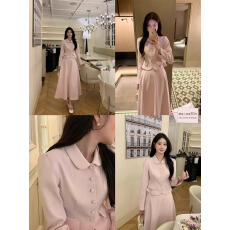 批发炸鸡欧尼JeJuna 古早韩女 温柔复古感粉色包扣小外套A字高腰<b class='q'>伞</b><b class='q'>裙</b>