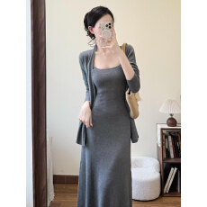 批发法式巨好看灰色吊带连衣<b class='q'>裙子</b>女早秋季2025新款高级感包臀长裙套装