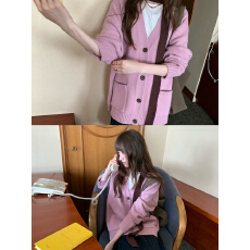 RAINY 秋日氛围感v领毛针织衫秋冬女纯色开衫宽松口袋叠穿毛衣