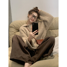 批发复古镂空连帽毛衣<b class='q'>外套</b>女秋冬2025年新款宽松慵懒风高级感休闲上衣