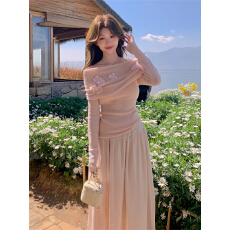 批发小香风粉色一<b class='q'>字</b>领高腰半身裙套装女春秋温柔风两件套气质ootd穿搭