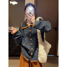 批发复古慵懒风撞色翻领长袖毛衣<b class='q'>外套</b>女秋冬新款宽松休闲显瘦针织开衫