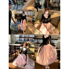 批发纯欲风甜美短裙秋季收腰显瘦设计感撞色拼接蝴蝶结网纱连衣裙女