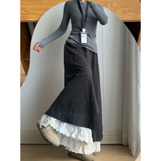 批发深灰色梧桐裤裙裤女<b class='q'>秋</b>季2025新款假两件慵懒风蕾丝拼接毛呢阔腿裤