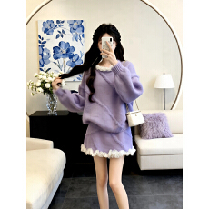 批发甜美气质紫色毛绒针织<b class='q'>套装</b>女秋冬季慵懒风蕾丝边毛衣半身裙两件套