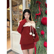 批发蝴蝶结带毛球一字领撞色拼接长袖针织<b class='q'>连衣裙</b>生日聚会公主风中长裙