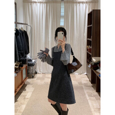 BRIVIN韩系气质灰色毛呢连衣裙女冬时尚短款内搭马甲吊带裙