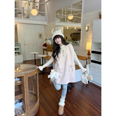 批发2025秋冬甜美毛呢<b class='q'>背心裙</b>粉色蝴蝶结背带裙高领<b class='q'>蕾丝</b>打底衫两件套女