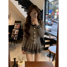 批发韩系学院风针织套装<b class='q'>女</b>秋冬撞色翻领毛衣<b class='q'>针织衫</b>高腰百褶短裙两件套