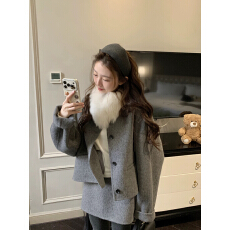 批发MEME孟孟 灰调甜心 100%羊毛韩系慵懒感全羊毛<b class='q'>手工</b>双面呢大衣套装