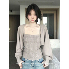 批发【结构诗学】灯笼袖毛衣外套女冬季绞花吊带背心纯欲风上衣两件套