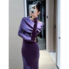 批发紫色小香风一<b class='q'>字</b>肩针织气质秋冬季<b class='q'>连衣裙</b>子女穿搭2025新款包臀长裙