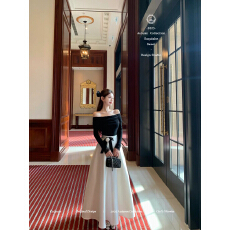 批发Catyears猫年 奢雅典范~网纱褶皱<b class='q'>一字肩</b>针织上衣+大A摆半身裙套装