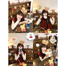 批发GeeGeeFunny 红色<b class='q'>格子</b><b class='q'>连衣裙</b>女蝴蝶结绑带宽松长袖A字百褶两件套