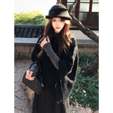 批发法式黑色斗篷针织<b class='q'>连衣</b>裙子女秋冬季2025新款富家千金穿搭套装长裙