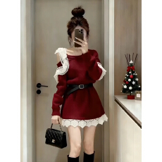 批发韩系氛围感蕾丝花边针织短裙女秋冬新款<b class='q'>甜美</b>风软糯厚款毛衣连衣裙