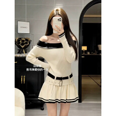 批发韩系性感一字肩针织连衣裙女收腰高级感修身显瘦气质短<b class='q'>裙子</b>秋冬季