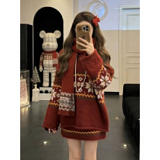 慵懒风红色毛衣套装女秋冬2025新款韩版宽松提花撞色针织衫两件套