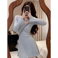 批发法式修身<b class='q'>长</b>袖麻花针织连衣<b class='q'>裙子</b>女收腰气质内搭A字毛衣短裙秋冬季