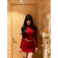 批发辣妹修身加绒打底半高领长袖<b class='q'>包臀</b>连衣裙女内搭冬天配大衣的红裙子