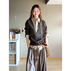 美式复古假两件针织衫女冬季拼接格纹polo领毛衣慵懒风美拉德上衣