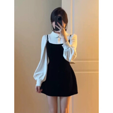 批发法式温柔风黑白撞色套装裙女冬季小个子<b class='q'>长袖</b>衬衫叠穿吊带裙两件套