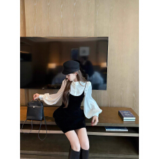 批发不冷BULENG（原cchun纯子）丝绒连衣裙女+叠穿<b class='q'>长袖</b>衬衫秋冬套装