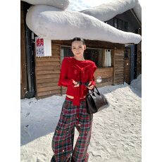 批发label方 红色磨毛长袖<b class='q'>t</b><b class='q'>恤</b>女冬修身显瘦圣诞气质外搭披肩短款上衣