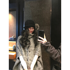 批发DaqianwithU 灰色高圆领斗篷披肩上衣女显瘦百搭加厚开衫<b class='q'>毛呢</b>外套