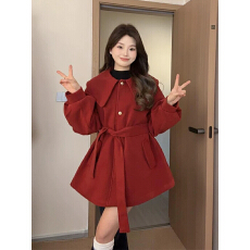 批发韩系圣诞红色呢子大衣连衣<b class='q'>裙</b>冬季厚款千金女主毛呢外套女