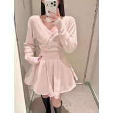 批发lemon丨日系<b class='q'>甜美</b>芭蕾风V领蝴蝶结针织毛衣+蓬蓬半身裙裤两件套