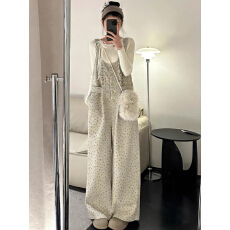 批发韩系复古碎花毛呢<b class='q'>背带裤</b>女2025秋冬新款时尚百搭宽松休闲连体<b class='q'>长裤</b>