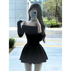 批发气质辣妹黑色一字肩长袖连衣裙女冬季新款性感收腰显瘦蓬蓬短裙子