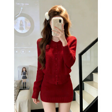 批发 2026超火冬装立体花朵毛衣跨年氛围感穿搭红色套装女