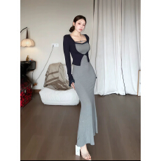 韩系气质长袖上衣2026春新款女装收腰显瘦时尚穿搭包臀连衣裙套装