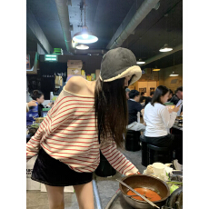 批发FFshu圆脸柒柒 秋冬季斜肩长袖条纹针织衫女<b class='q'>宽松</b>套头毛衣内搭上衣