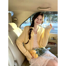 批发黄色镂空薄款长袖防晒外套女春季韩系温柔风修身显瘦短款上衣<b class='q'>开衫</b>