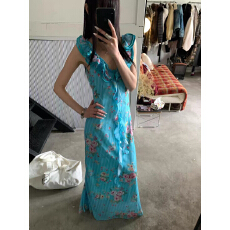 批发MOXI海盐玫瑰 花边度假蓝<b class='q'>田园</b>吊带碎花<b class='q'>连衣裙</b>鱼尾裙蓝色飘带长裙