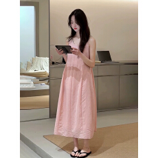 批发春装穿搭法式温柔风粉色<b class='q'>无袖</b>连衣<b class='q'>裙</b>女夏高腰A字长<b class='q'>裙</b><b class='q'>显瘦</b>百搭<b class='q'>裙</b>子