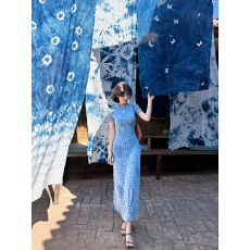 批发新中式国风蕾英俊松涧照复古波点<b class='q'>改良</b><b class='q'>旗袍</b>裙夏收腰水滴领长裙