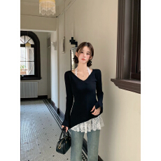 批发BETMASS新款慵懒风花边蕾丝挂脖V领<b class='q'>不规则</b>黑色<b class='q'>针织衫</b>毛衣女真两件