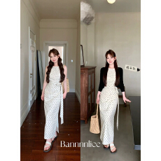 板栗西西满杯啵脆温柔下摆开叉无袖波点背带连衣裙长裙子女