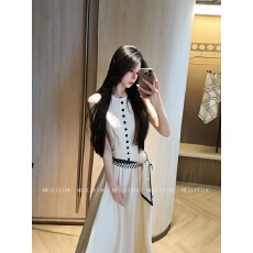 批发MLYD/定制 大码法式米白色无袖背心连衣裙女气质温柔风收腰<b class='q'>长裙</b>子