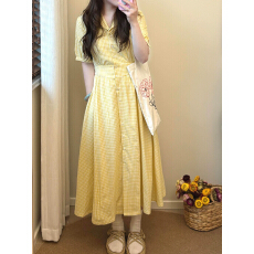 批发黄色格纹<b class='q'>衬衫</b>连衣裙子女夏季2026新款绝美漂亮巨好看早春法式长裙