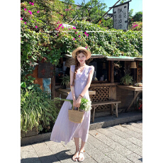 批发Acaine紫色v领小飞袖收腰长款<b class='q'>连衣裙</b>女夏季法式<b class='q'>复古</b>气质蕾丝裙子