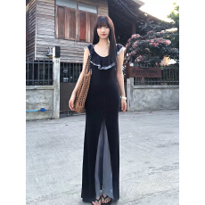 批发早春独特漂亮蓝色荷叶边连衣<b class='q'>裙子</b>女夏季2026新款气质包臀开叉<b class='q'>长</b><b class='q'>裙</b>