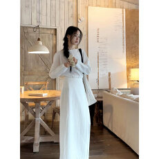 批发简约优雅风一字肩纯色简约上衣女防晒长袖上衣<b class='q'>白色</b>呼吸感半裙套装